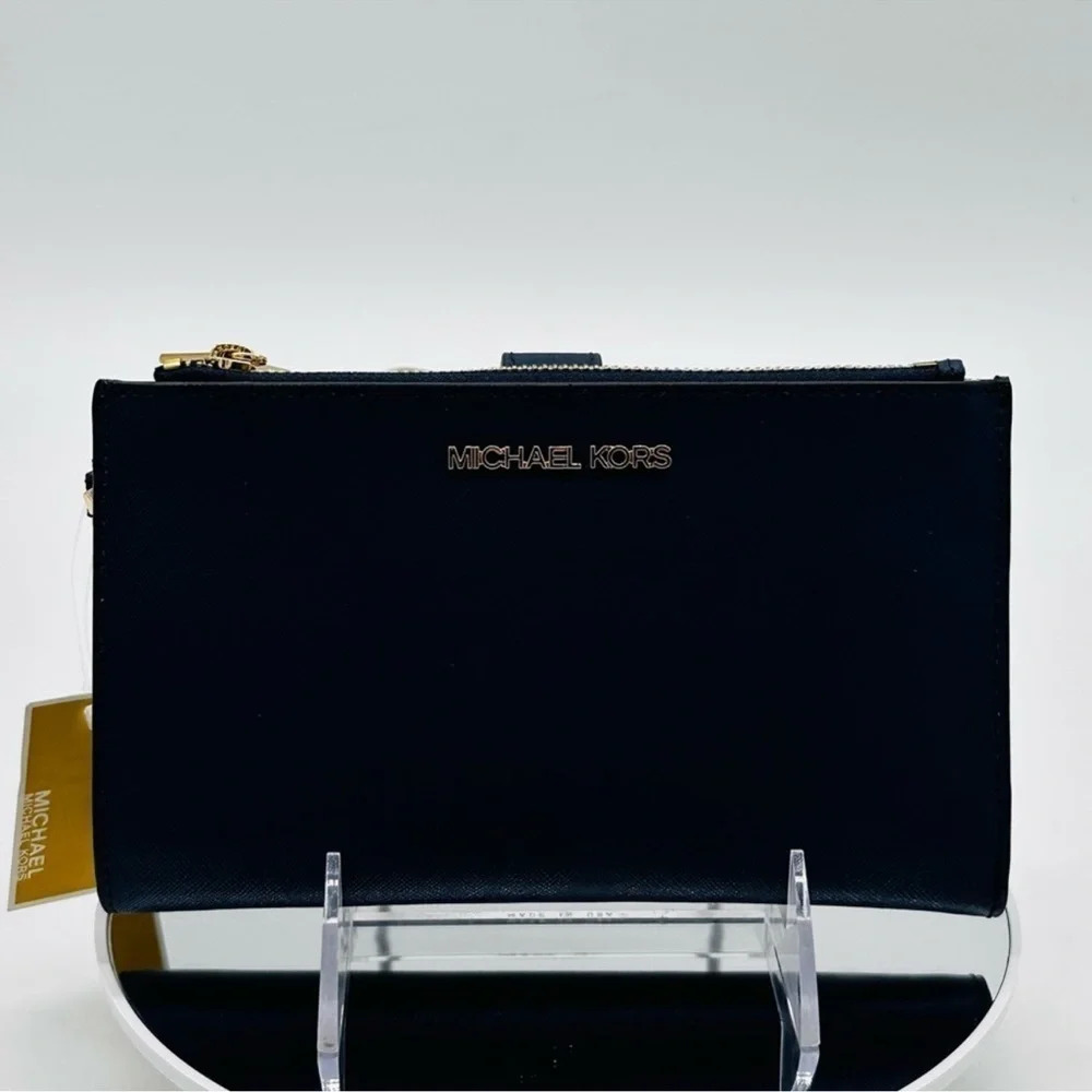 Michael Kors Large Double Zip Wallet Wristlet Navy Blue/Gold - Picture 3 of 7